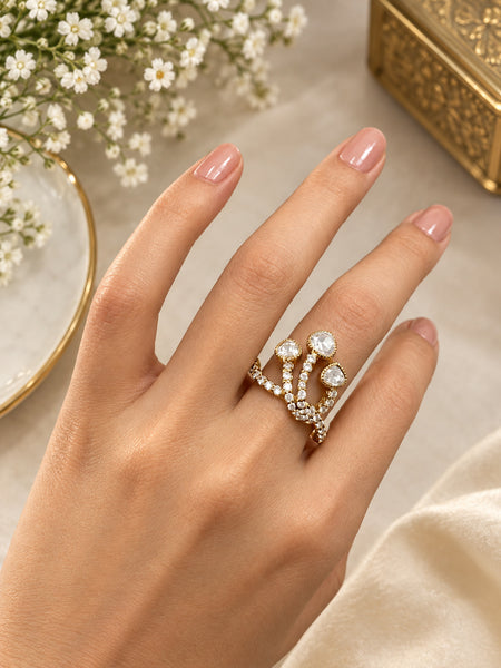 Luxury High-End Polki Statement Ring in Antique Gold Plated Brass with AAA Quality AD Stones