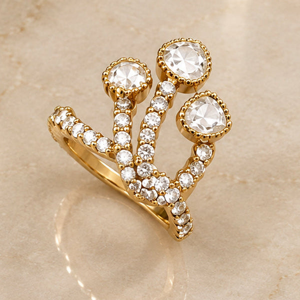 Luxury High-End Polki Statement Ring in Antique Gold Plated Brass with AAA Quality AD Stones