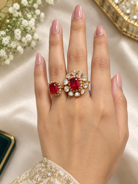 Luxury High-End Red Doublet Cocktail Rings in Matt Gold Plated Brass with AAA Quality AD Stones