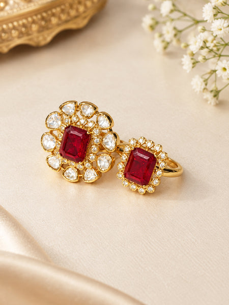 Luxury High-End Red Doublet Cocktail Rings in Matt Gold Plated Brass with AAA Quality AD Stones