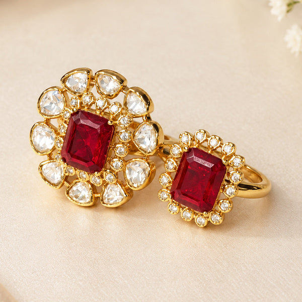 Luxury High-End Red Doublet Cocktail Rings in Matt Gold Plated Brass with AAA Quality AD Stones