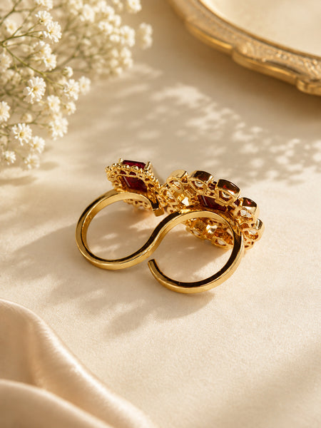 Luxury High-End Red Doublet Cocktail Rings in Matt Gold Plated Brass with AAA Quality AD Stones