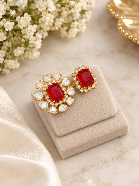 Luxury High-End Red Doublet Cocktail Rings in Matt Gold Plated Brass with AAA Quality AD Stones