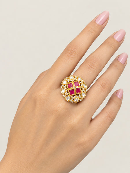 Royal Red Polki Stone Gold-Plated Statement Ring for Women