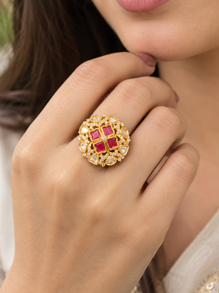 Royal Red Polki Stone Gold-Plated Statement Ring for Women