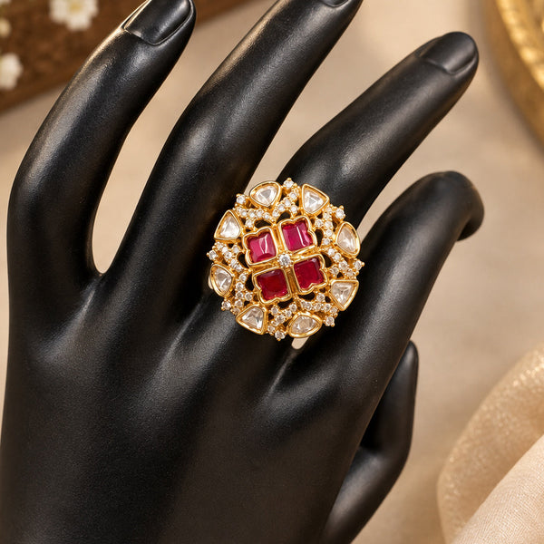 Royal Red Polki Stone Gold-Plated Statement Ring for Women