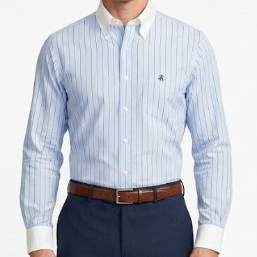 Men's Classic Blue Pinstripe Full Sleeve Shirt With  Contrast Collar