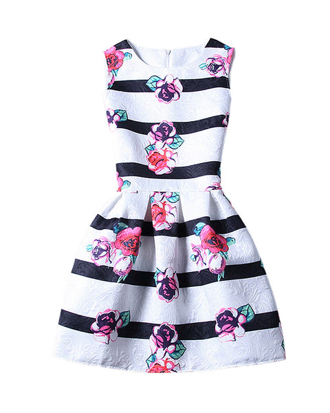 White Black Stripes Roses Sleeveless A Line Skater Mini Party Cocktail Skirt Dress