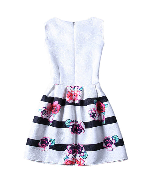 White Black Stripes Roses Sleeveless A Line Skater Mini Party Cocktail Skirt Dress