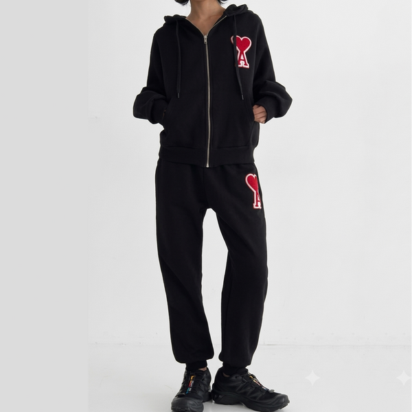 Women Heart Patch Zip-Up Tracksuit Set