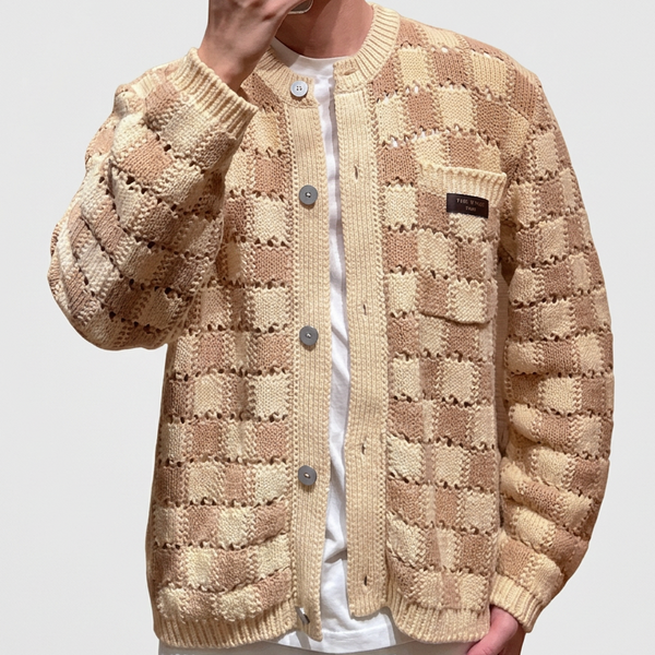Premium Beige Checkerboard Knit Cardigan