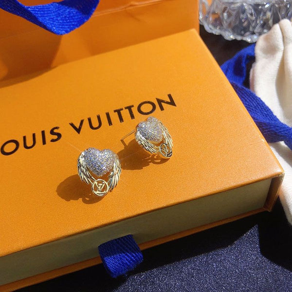Angle Plumage Design Heart-shaped Yellow Gold Logo Charm Paved Diamonds Stud Earrings