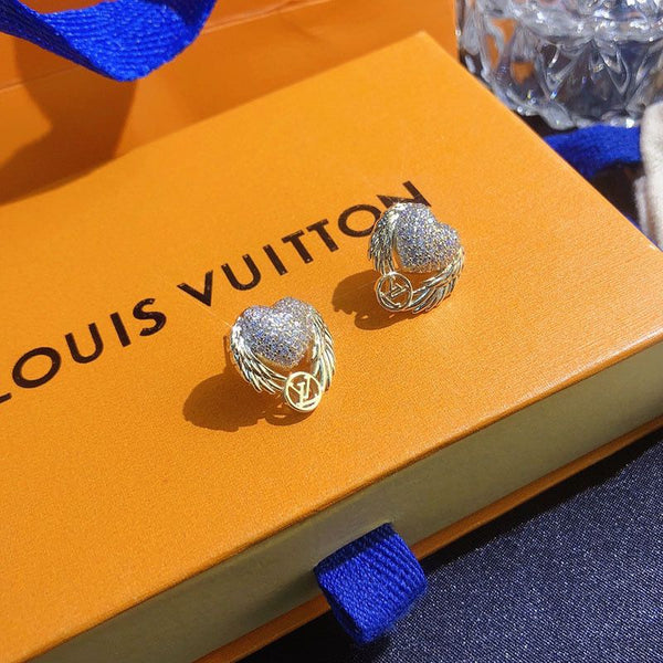 Angle Plumage Design Heart-shaped Yellow Gold Logo Charm Paved Diamonds Stud Earrings