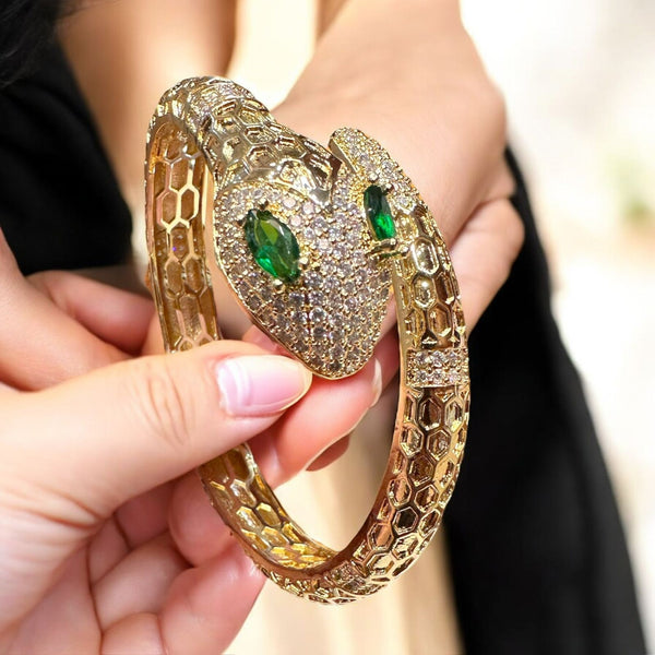 Luxury Gold-Plated Snake Bracelet with Emerald Green Eyes