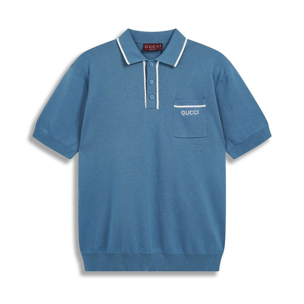 Men’s Blue Cotton Piqué Polo Shirt with Embroidered Pocket Logo
