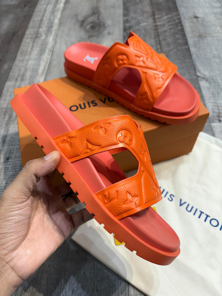 Premium Orange Embossed Monogram Slide Sandals