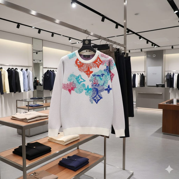 Luxurious Multi-Color Brand Printed White Pullover