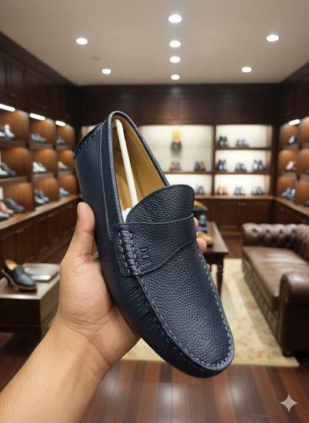 Navy Blue Luxe Leather Driving Loafers