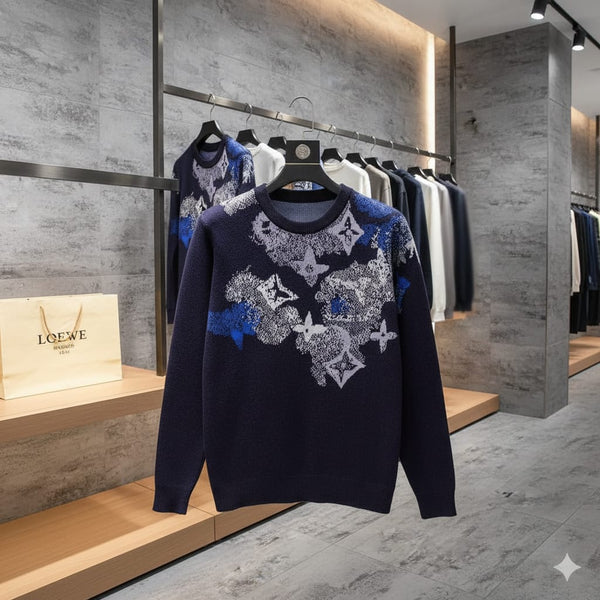 Luxurious Navy Designer Pullover with Artistic Monogram Pattern