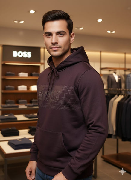 Men's Dark Plum Hoodie with Global Map Graphic