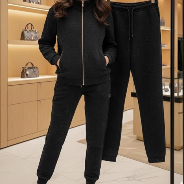 Luxury Black Women’s Tracksuit Set with Embossed Pattern