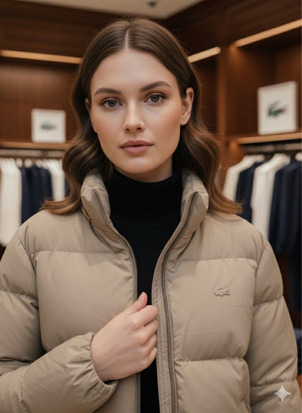 Women’s Beige Puffer Winter Jacket with Stand Collar
