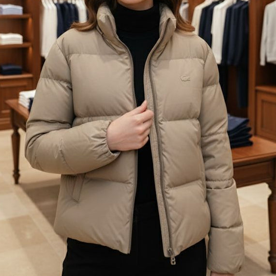 Women’s Beige Puffer Winter Jacket with Stand Collar