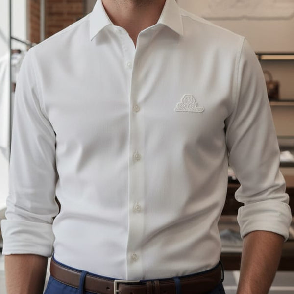 Men’s White Solid Full-Sleeve Casual Shirt with Premium Logo Detail