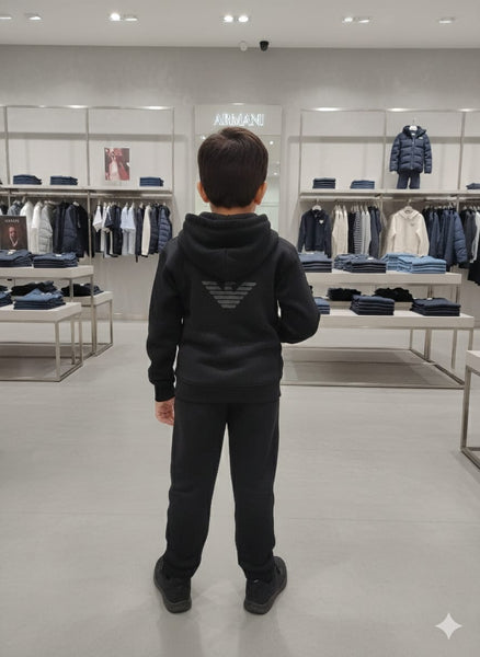 Kids Black Hooded Tracksuit Set Zip-Up Hoodie & Joggers