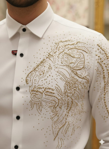 Men’s Premium White Shirt with Elegant Gold Lion Design