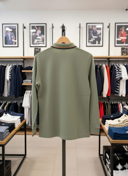 Men’s Olive Green Long-Sleeve Polo T-Shirt with Classic Collar