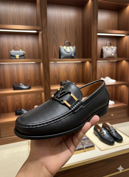 Men’s Premium Black Leather Loafers with Elegant Metal Buckle