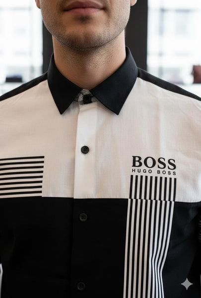 Men’s Stylish Black & White Panel Shirt Modern Contrast Design