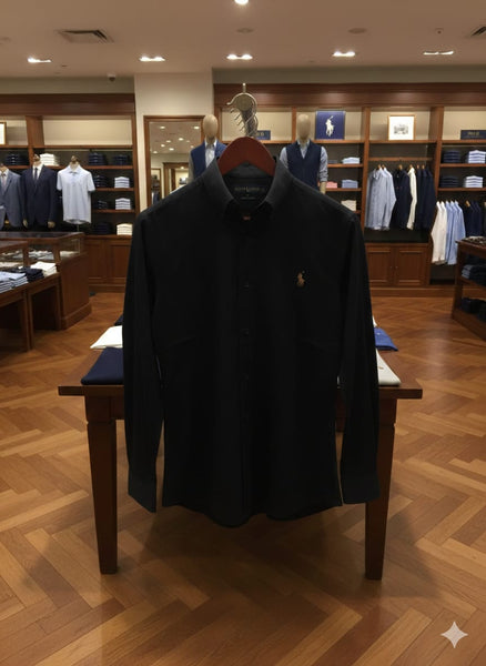 Classic Black Button-Down Shirt with Signature Embroidery