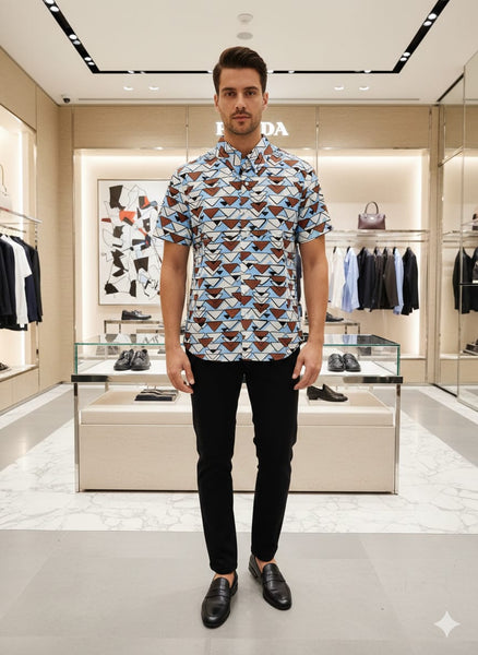 Luxury Blue Geometric Print Short-Sleeve Oversize Shirt