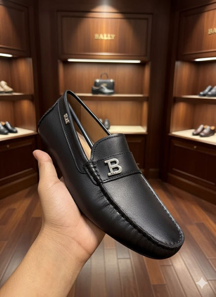 Luxury Black Leather Loafers with Classic Metal Initial Detail