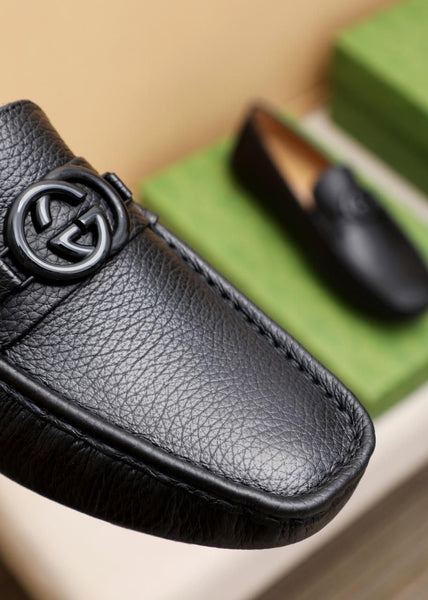 Luxury Black Leather Slip-On Loafers with Iconic Buckle