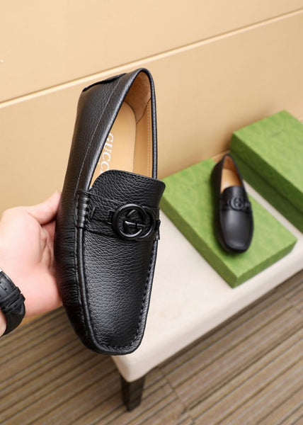 Luxury Black Leather Slip-On Loafers with Iconic Buckle