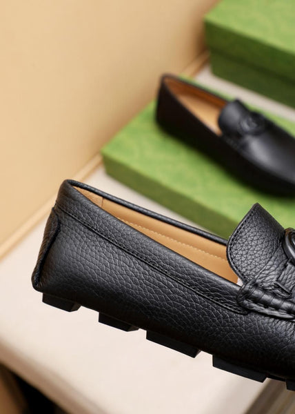 Luxury Black Leather Slip-On Loafers with Iconic Buckle