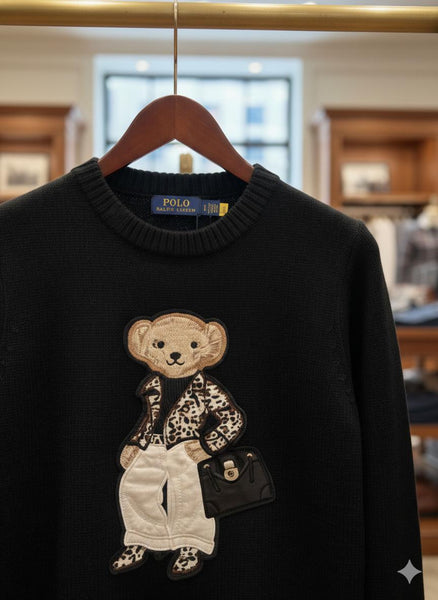 Women’s Luxury Black Pullover with Cute Bear Appliqué