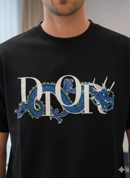 Luxury Black Dragon Print Designer Drop Shoulder T-Shirt