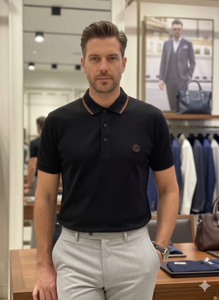 Men’s Premium Black Polo T-Shirt with Contrast Collar & Logo Detail