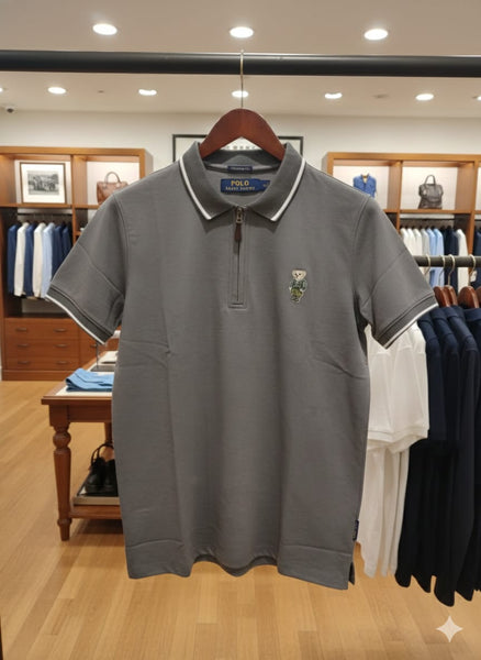 Men’s Premium Zip-Neck Polo T-Shirt with Embroidered Bear