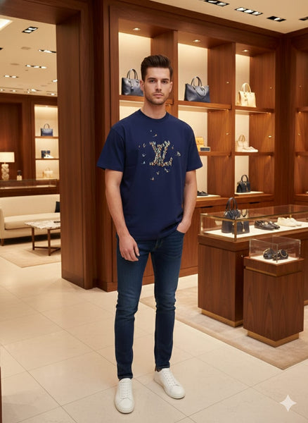 Elegant Brand Navy  Graphic Printed Drop Shoulder T-Shirt