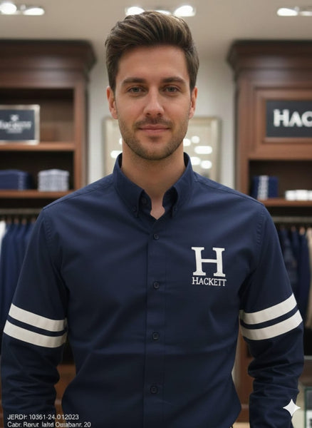 Men’s Premium Navy Blue Button-Down Shirt with Classic Logo Detail