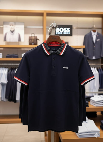 Luxury Brand Signature Navy Polo T-Shirt with Contrast Collar