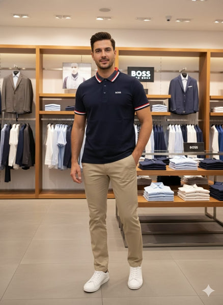 Luxury Brand Signature Navy Polo T-Shirt with Contrast Collar