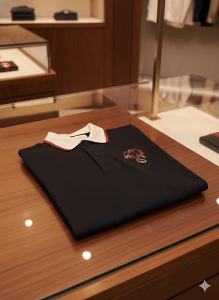 Men’s Black Polo T-Shirt with Contrast Collar & Chest Embroidery