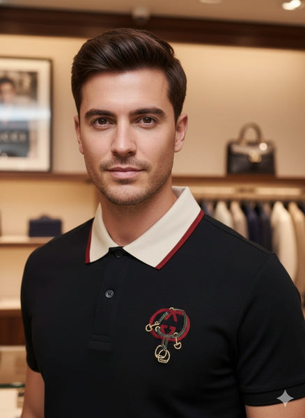 Men’s Black Polo T-Shirt with Contrast Collar & Chest Embroidery