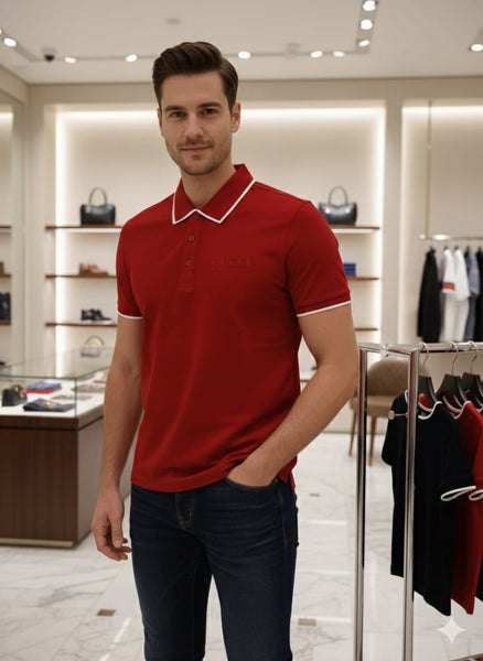 Men’s Red Polo T-Shirt with Contrast Collar Detail Premium Smart Casual Wear